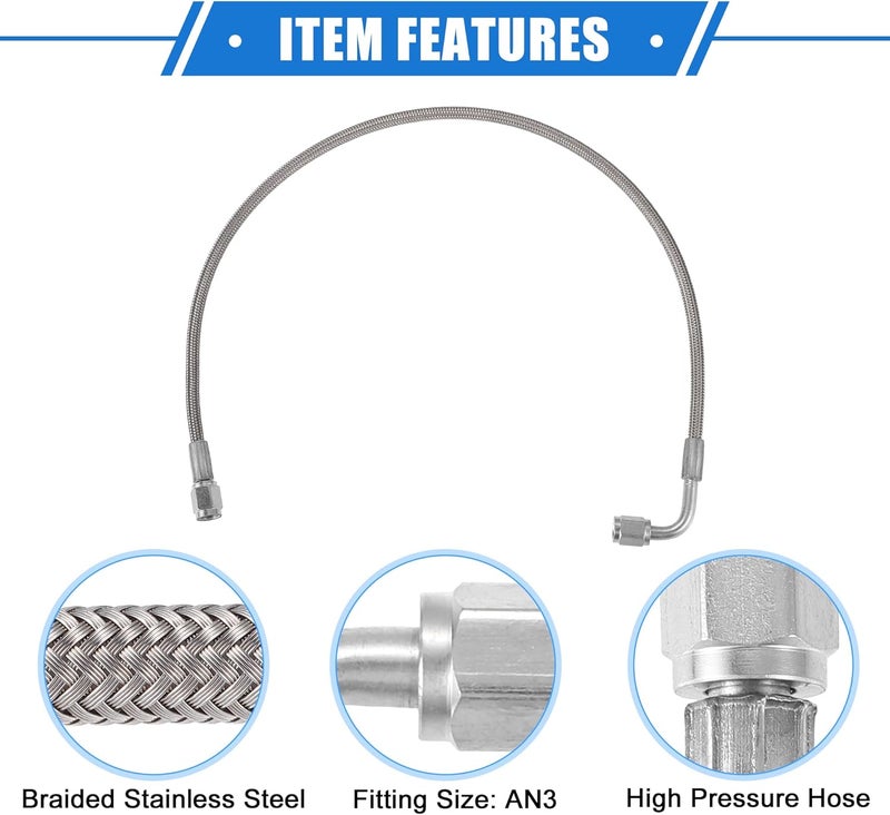 VekAuto AN3 Braided Steel Turbo Oil Feed Line 90 Degree to Straight Hose End, 21" Remote Turbocharger Oil Drain Return Line Universal for Car Durable Stainless Steel PTFE Silver Tone - Image 4